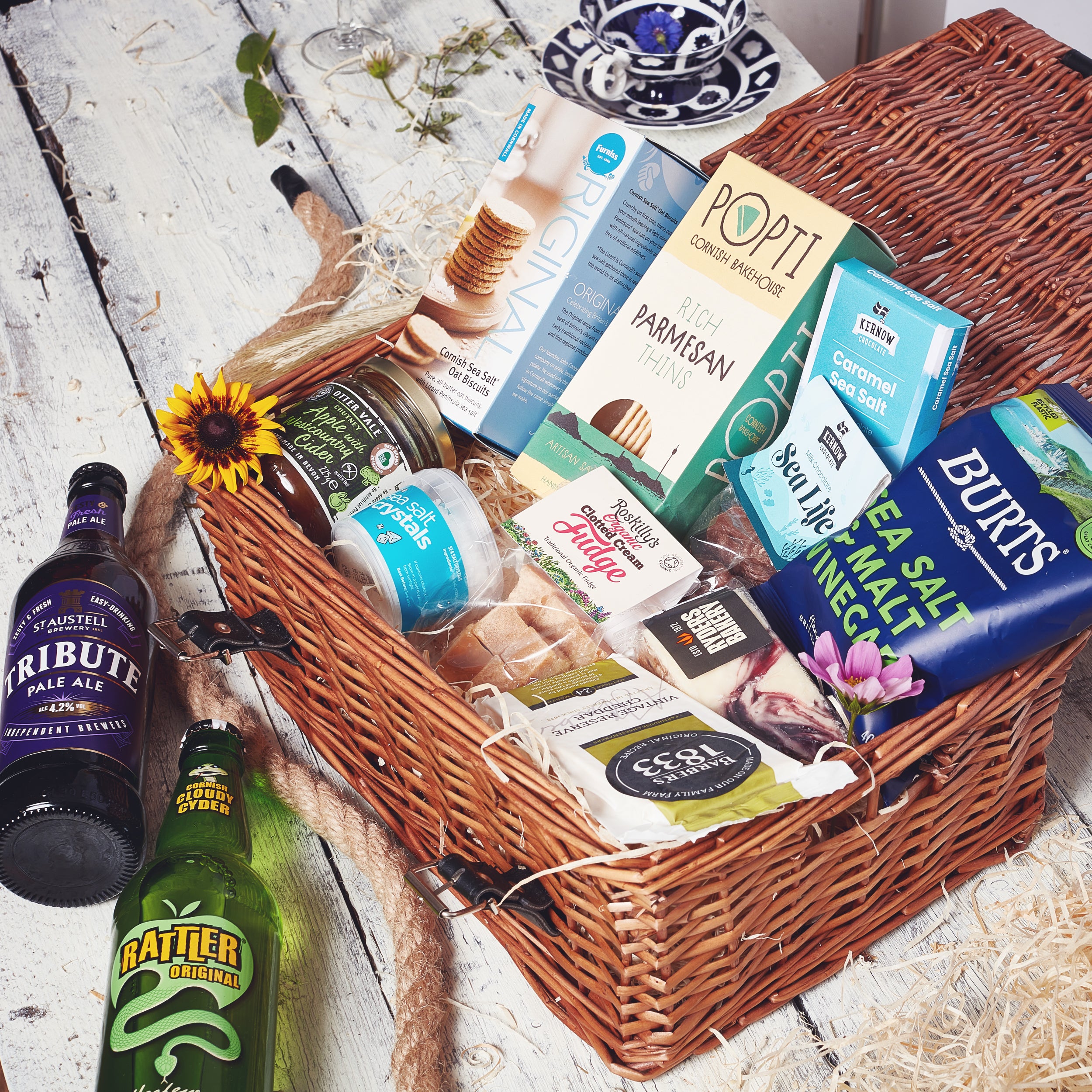 Luxury hamper containing a variety of food from Cornwall