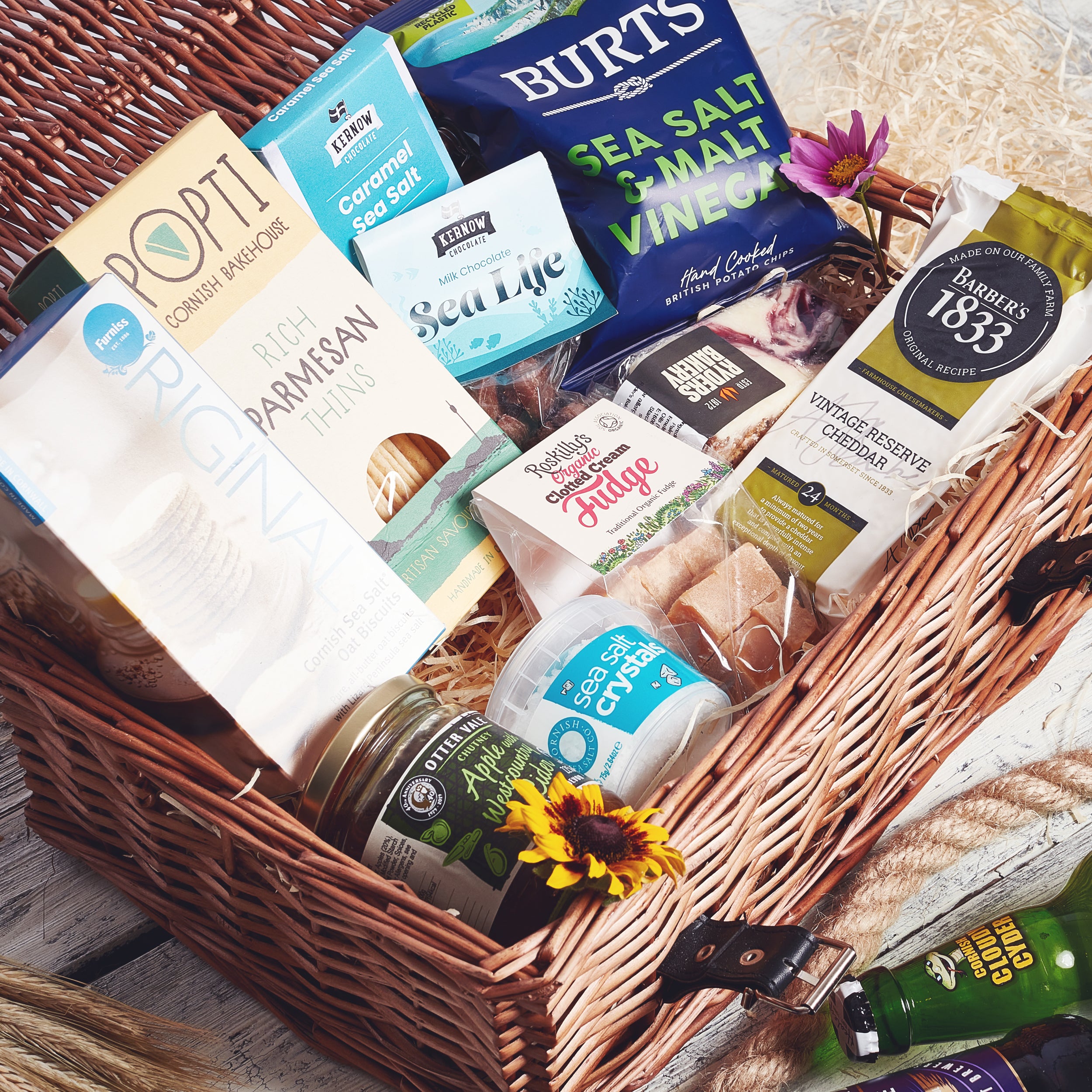 Luxury hamper containing a variety of food from Cornwall